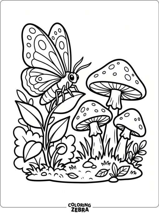 A moth near mushrooms and small forest plants