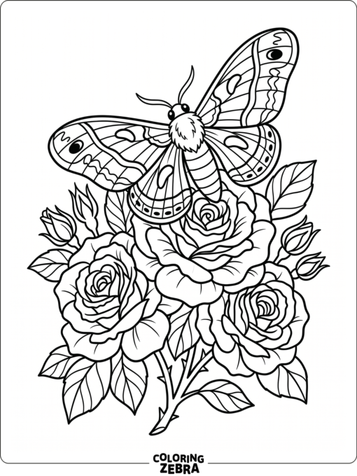 A moth resting on roses with layered petals