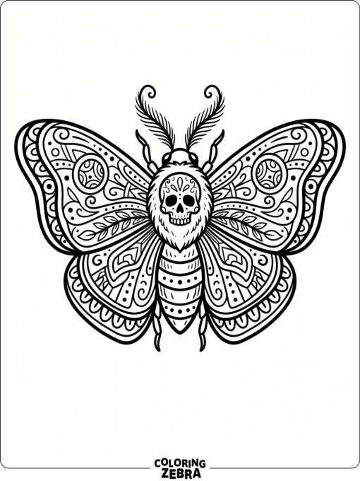 A moth with a small skull motif and patterned wings
