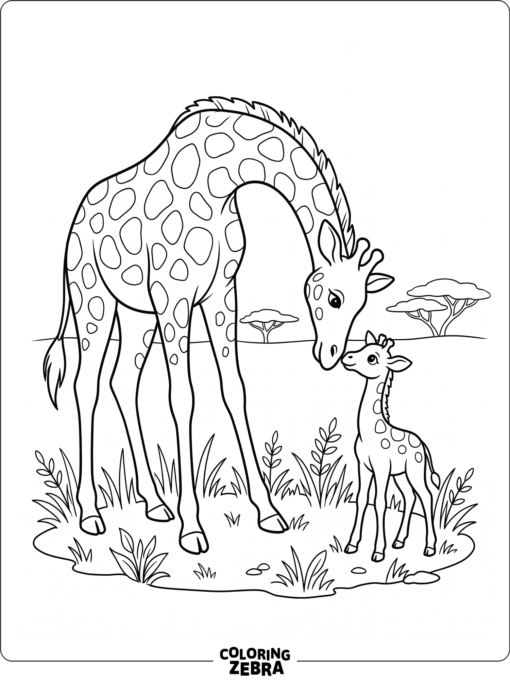 A mother giraffe bending down to her baby