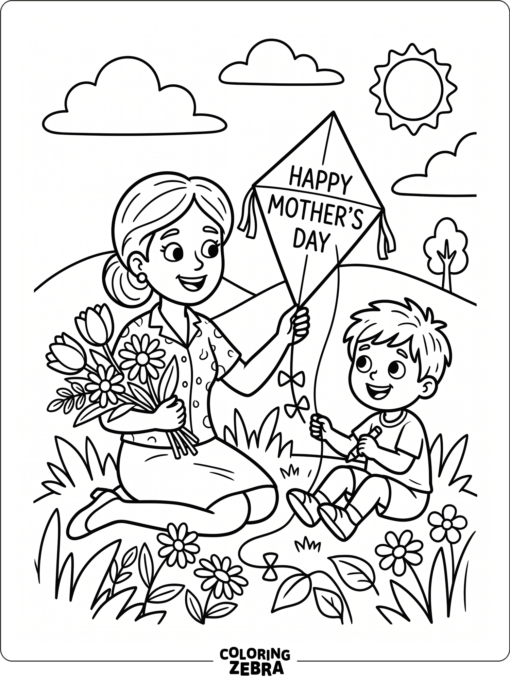 Mother and son sitting with a kite and flowers