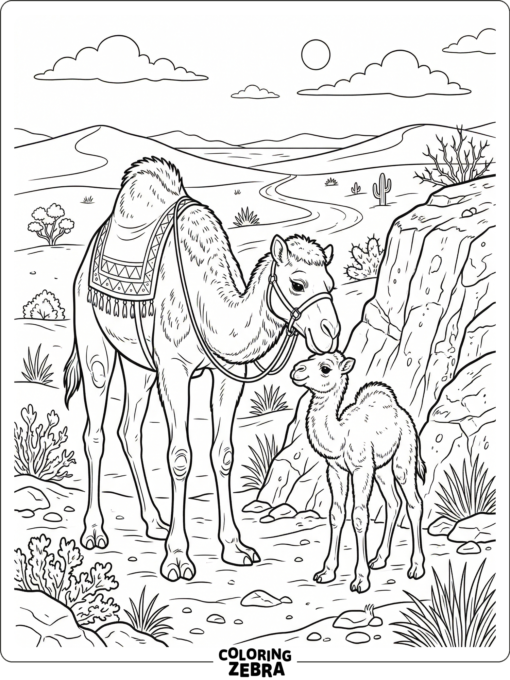 A mother camel standing close to her baby camel