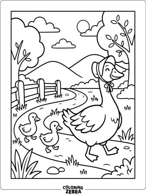 A mother goose walking with her goslings on a path