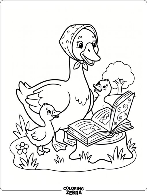 A mother goose with two goslings beside a storybook
