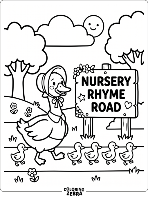 A mother goose leading goslings past a nursery rhyme sign