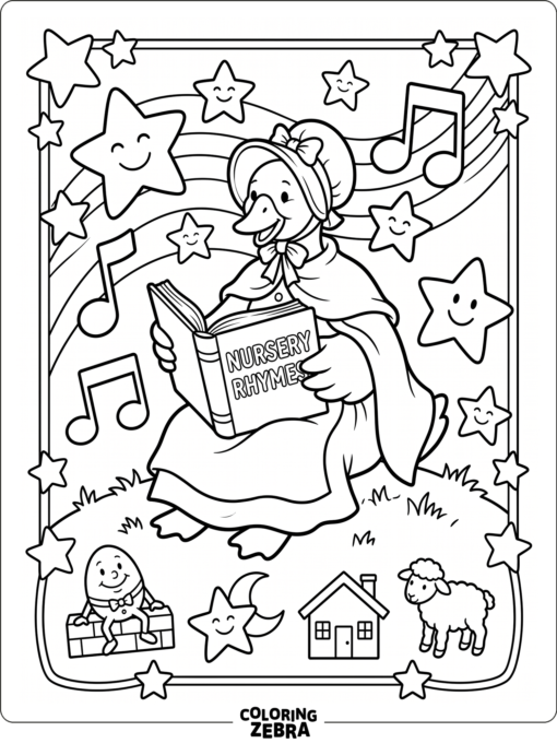 A mother goose with stars and music notes around her