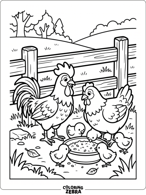 A chicken family gathered near a feed bowl