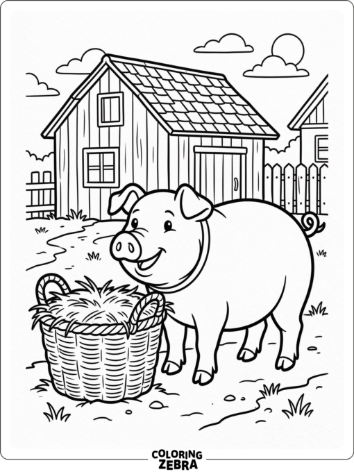 A mother pig standing near a basket in a farm yard