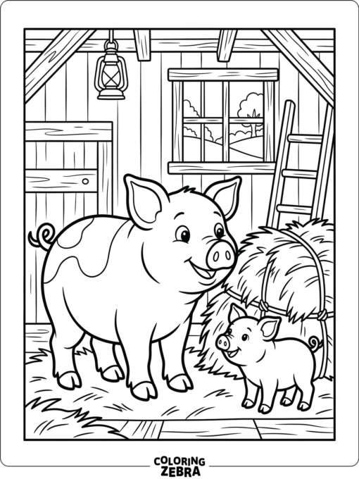 A mother pig and piglet near a hay bale
