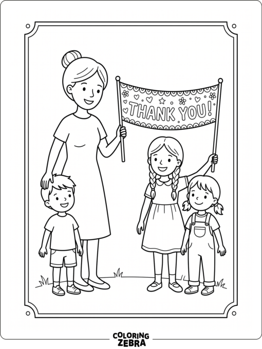 Mother with children and a thank-you banner