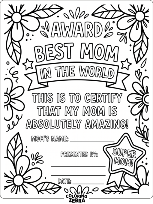 Certificate with floral border and a special mom message