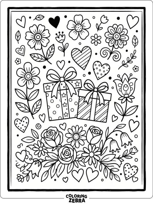 Simple gifts flowers and heart shapes for coloring