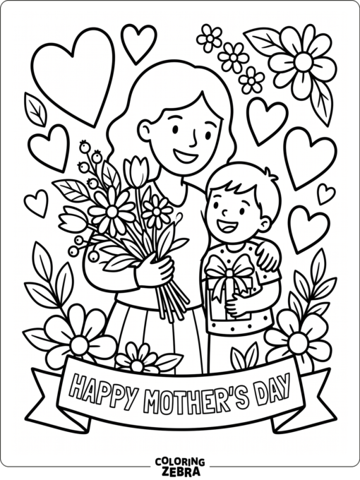 Mother and child with flowers and a gift