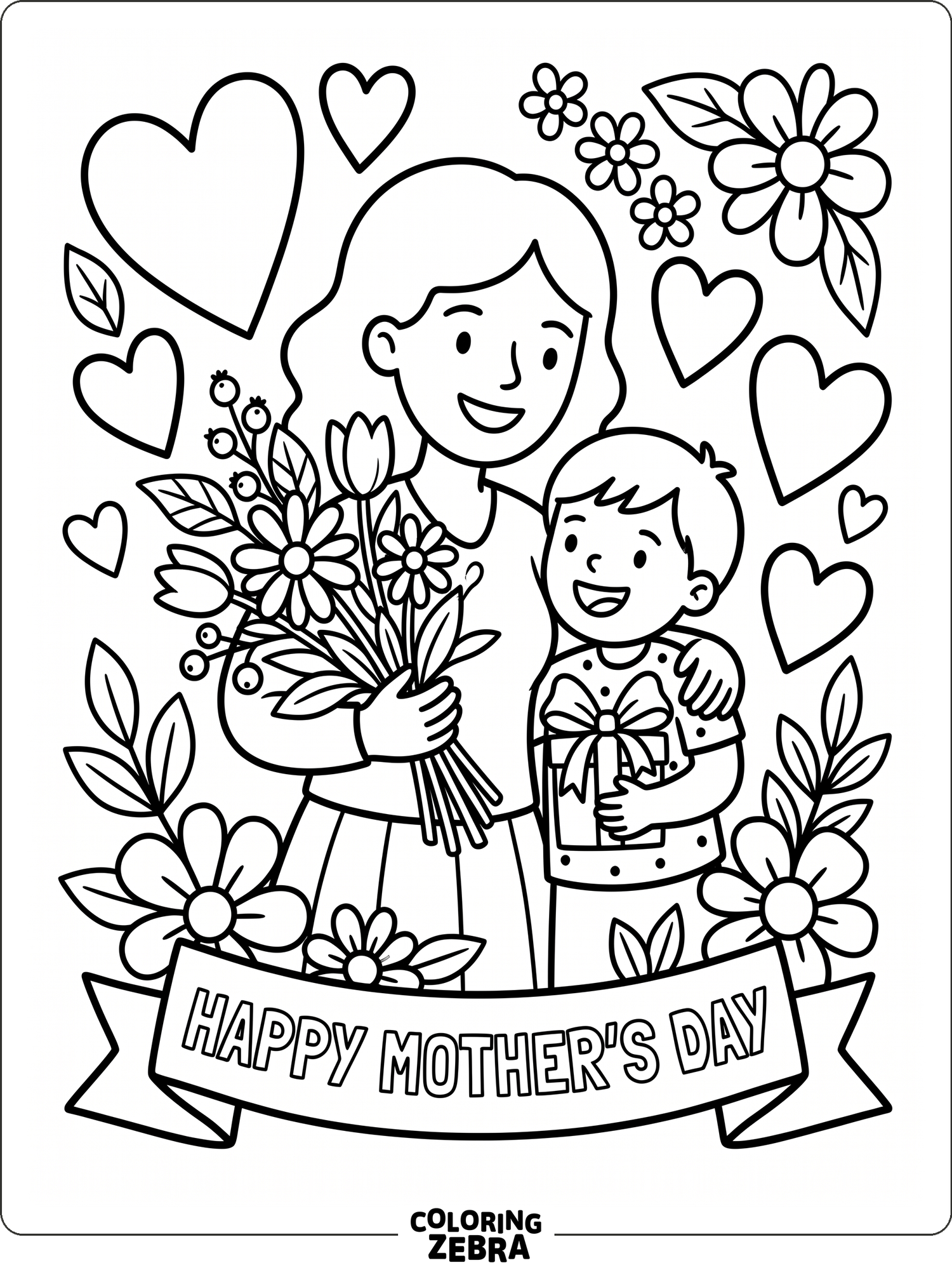 Mother and child with flowers and a gift