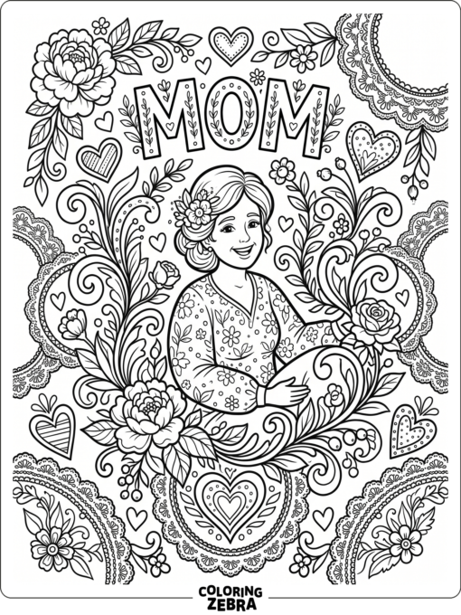 Mom surrounded by floral swirls and hearts