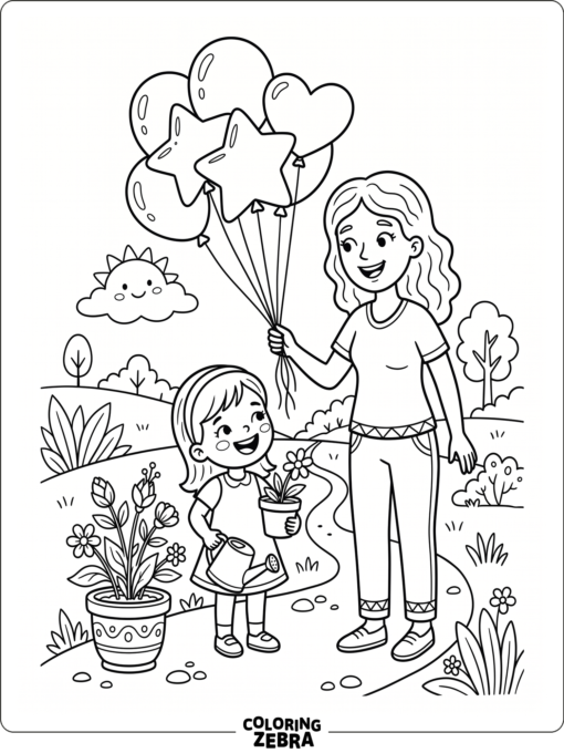 Mom and child with balloons and a flower pot