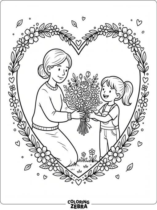 Stepmom and child sharing flowers with a heart border