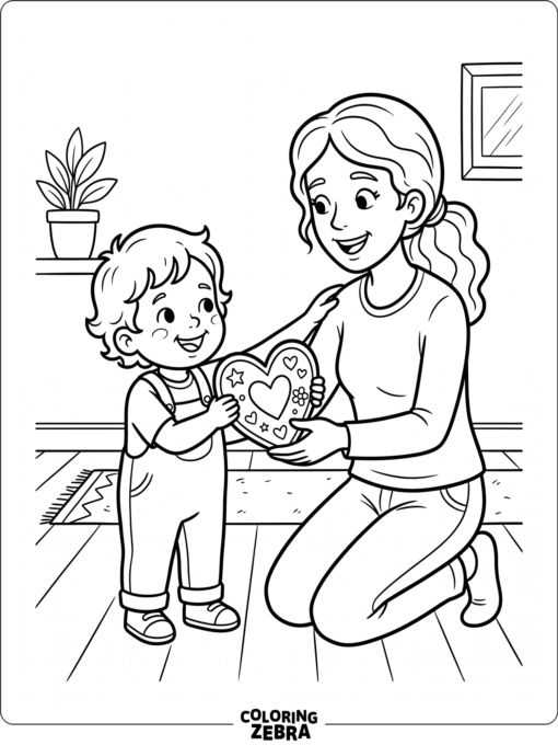 Smiling toddler giving mom a heart card