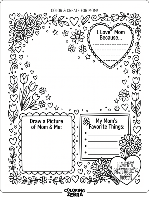 Placemat with flowers, hearts, and Mother's Day prompts