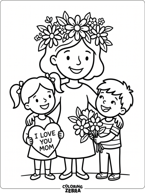 Mother wearing a flower crown with smiling children