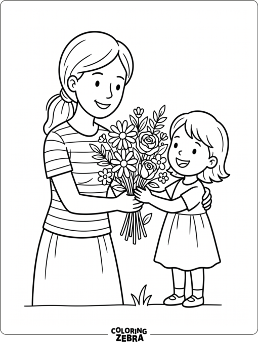 A mother and child holding a bouquet of flowers