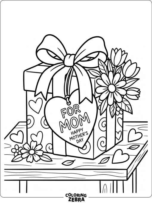 Gift box with ribbon, flowers, and a heart tag