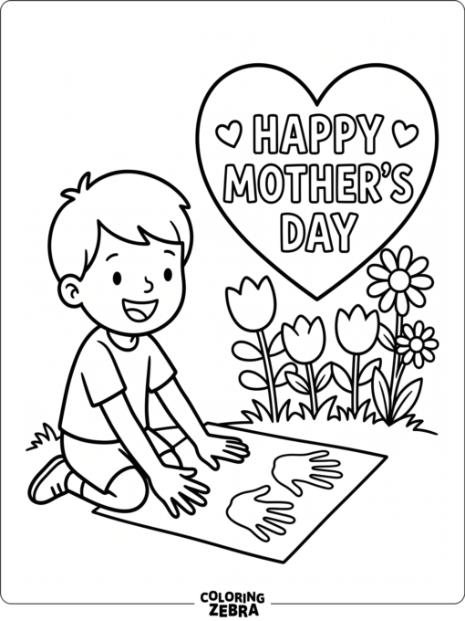 Child handprints beside flowers and a heart message