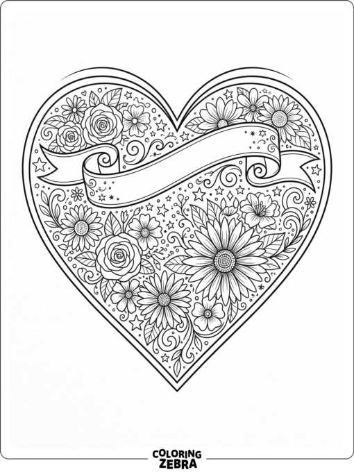 Large heart with flowers, stars, and ribbon curls