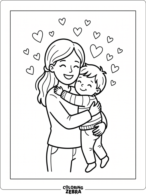 Mother and child sharing a big hug with hearts