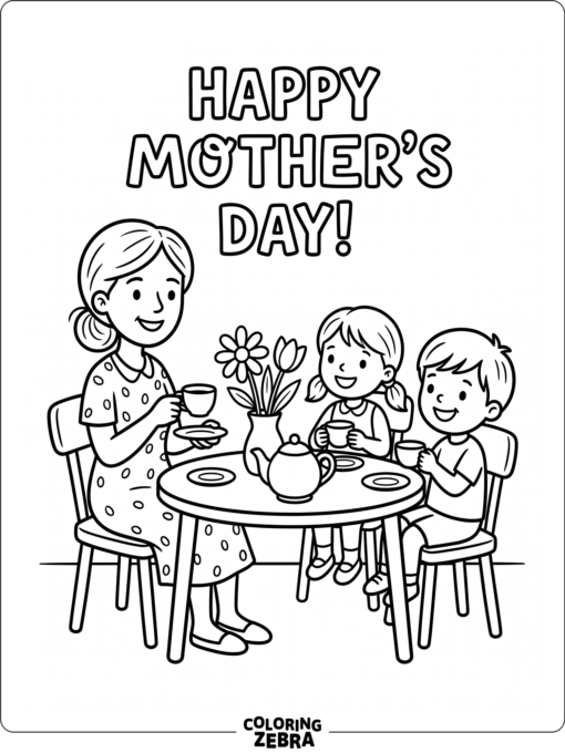 Mother and children at a tea party table with flowers