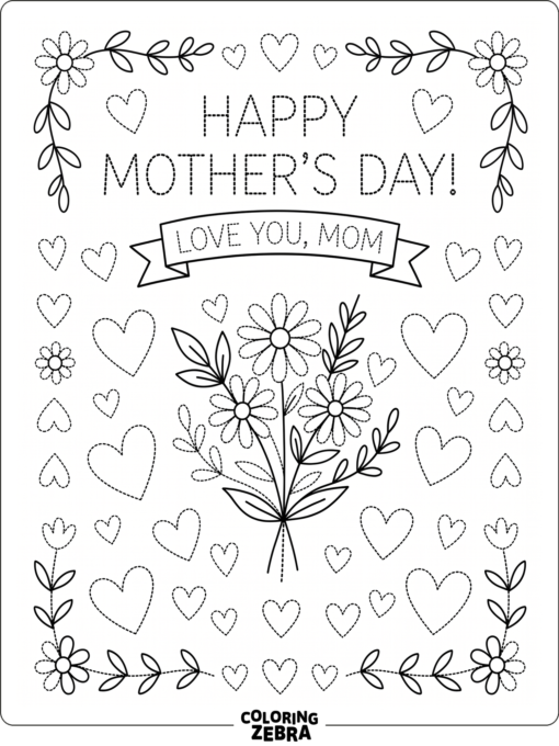 Traceable hearts, flowers, and a mother message for practice