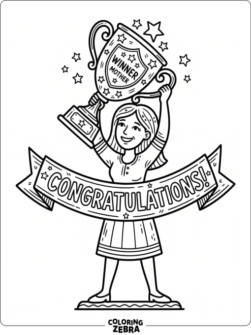 Mother holding a trophy with stars and a banner