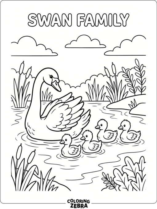 A mother swan guiding her cygnets through a pond