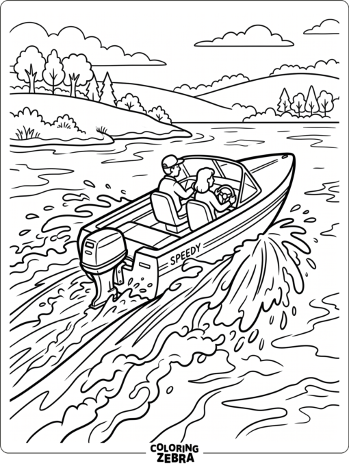 A motor boat moving fast across simple waves