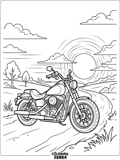 A motorcycle at sunset with a glowing sky