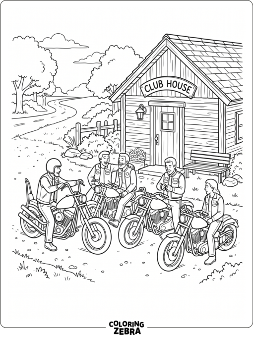 Motorcycles parked together near a clubhouse