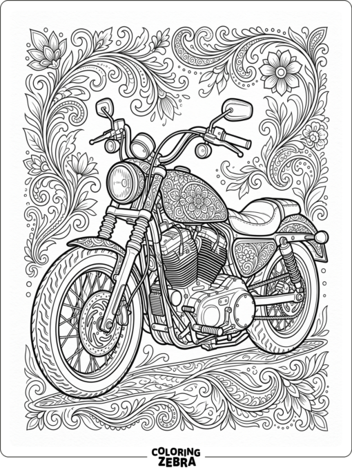 A detailed motorcycle with decorative patterns