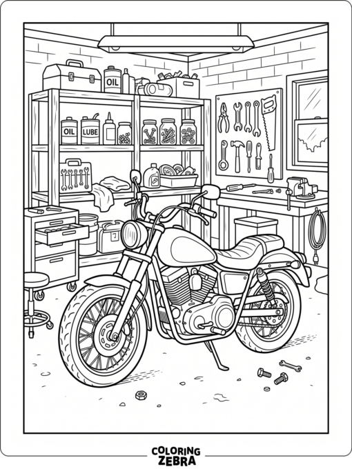 A motorcycle parked in a garage with tools