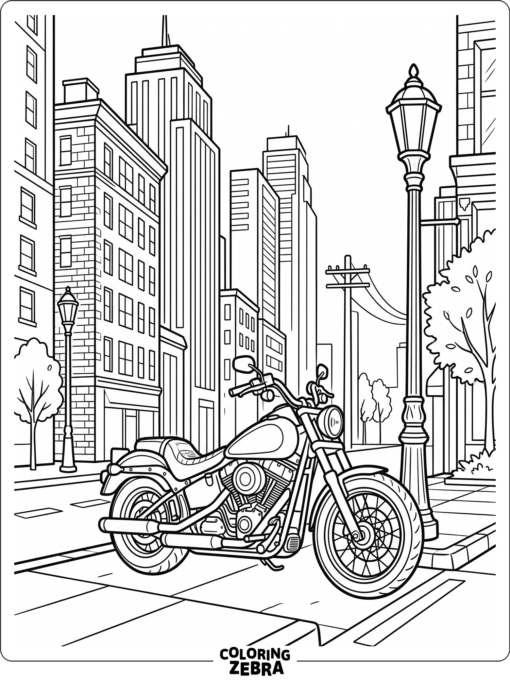 A motorcycle in the city with buildings and lights