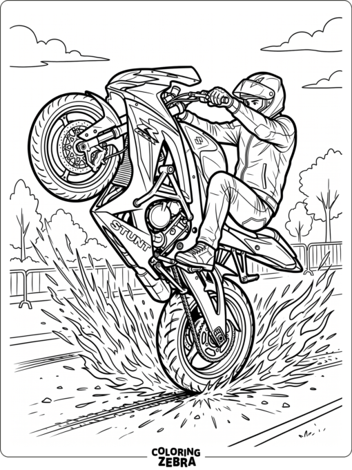 A stunt motorcycle balancing on one wheel