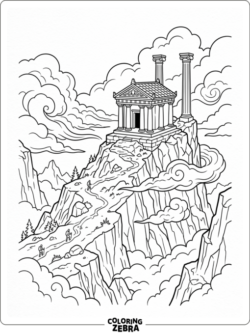 A mythic mountain summit with clouds and a temple