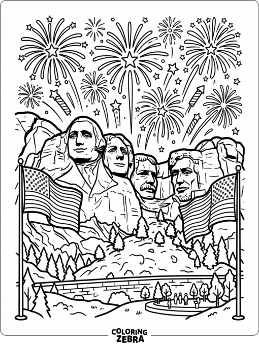 Mount Rushmore with flags and fireworks overhead