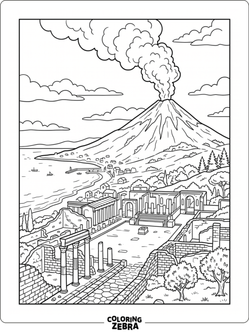 Mount Vesuvius with smoke over ruins and sea