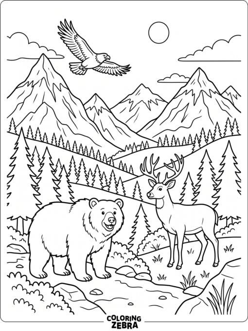 Mountain animals gathered near pine trees