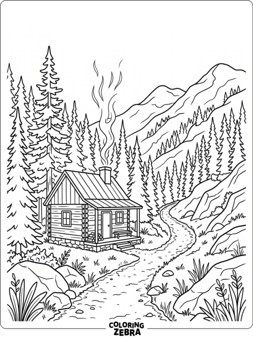 A mountain cabin beside a path and pine trees