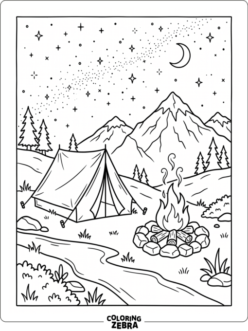 A tent and campfire beneath mountain peaks