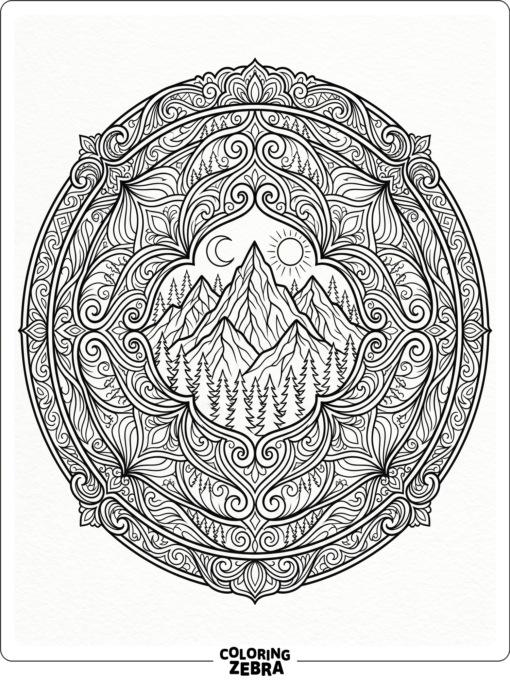 An ornate mountain design with peaks and trees