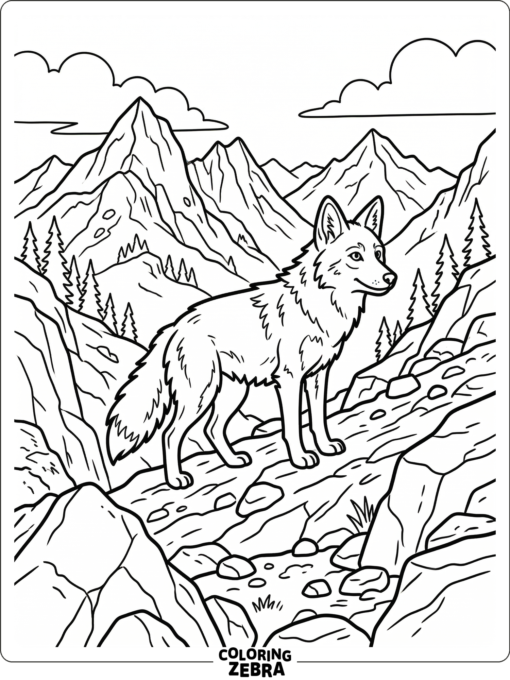 A coyote on a rocky slope with mountains behind it