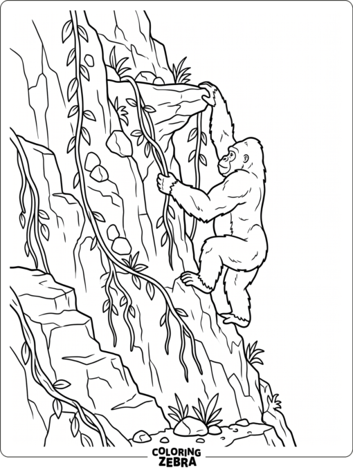A gorilla climbing a cliff with vines and stones
