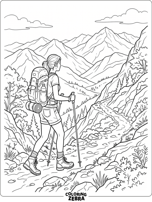 A hiker walking a mountain path toward distant ridges